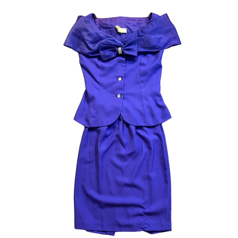 VTG Michael Marcella Skirt Suit Women 4 Purple 2pc Bow Rhinestone 80s Prom Glam
